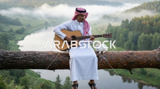 رجل سعودي بالزي التقليدي يعزف الجيتار مع أرنب في غابة ضبابية