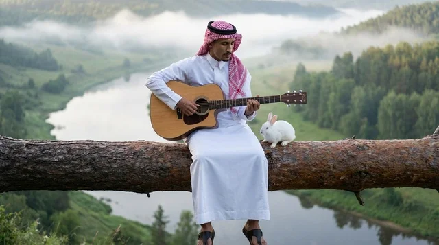Saudi Man Playing Guitar with Rabbit in Misty Forest