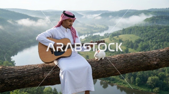 رجل سعودي يعزف الجيتار مع أرنب في وادي ضبابي