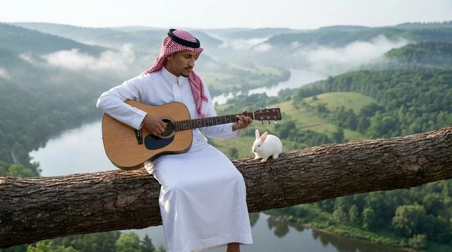 Saudi Man Playing Guitar with Rabbit in Misty Valley