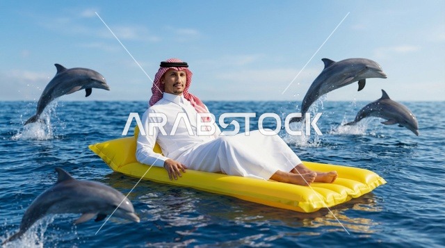 رجل سعودي مع دلافين تقفز في المحيط