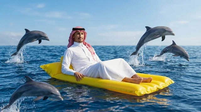 Saudi Man with Jumping Dolphins in the Ocean