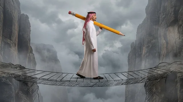 Saudi Man Carrying Giant Pencil on Mountain Bridge
