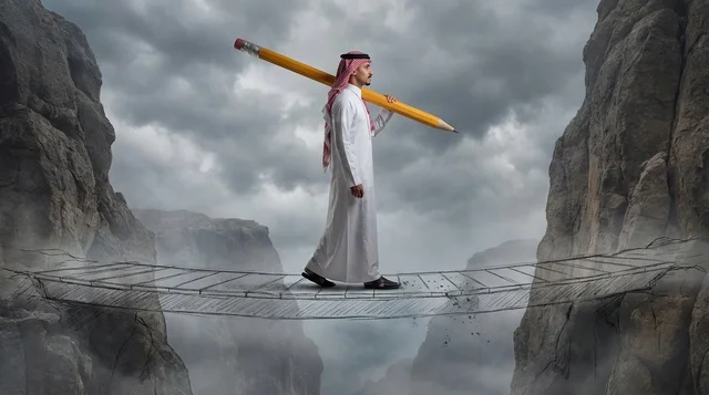 Saudi Man Carrying Large Pencil on Drawn Mountain Bridge