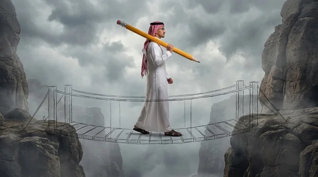 Saudi Man with Giant Pencil on Sketch Bridge