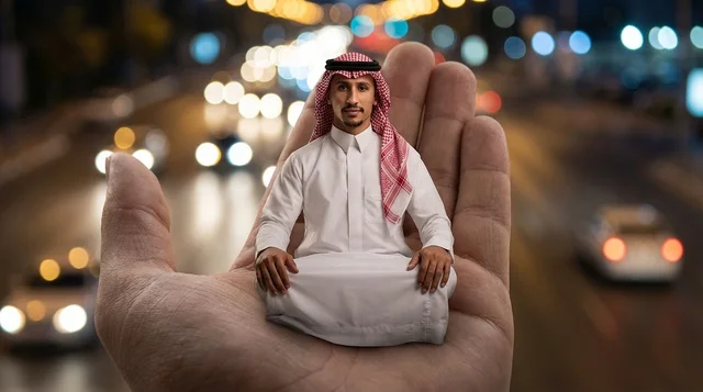 Saudi Man in Thobe Sitting on Giant Hand Night