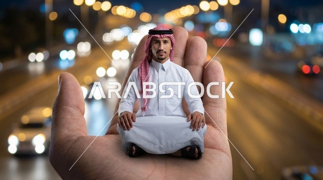 رجل سعودي يجلس في يد ضخمة ليلاً