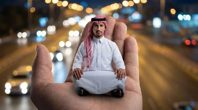 رجل سعودي يجلس في يد ضخمة ليلاً