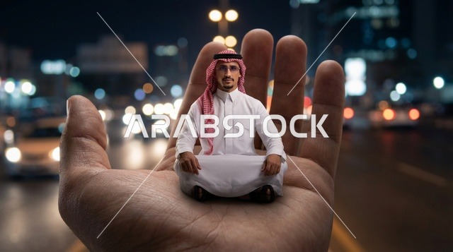رجل سعودي بالثوب داخل كف يد بشرية في الليل