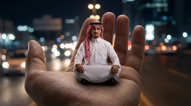 Miniature Saudi Man in Thobe Sitting in Human Hand