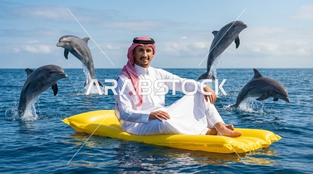 رجل سعودي مع دلافين تقفز في البحر