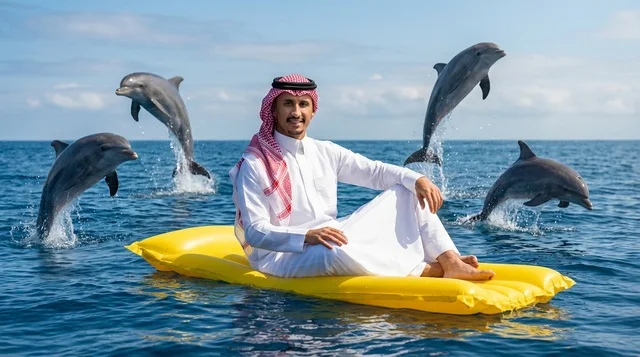 رجل سعودي مع دلافين تقفز في البحر