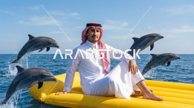 رجل سعودي مع دلافين تقفز في البحر