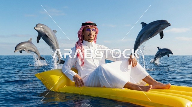 رجل سعودي بالثوب على فراش نفخ مع دلافين تقفز