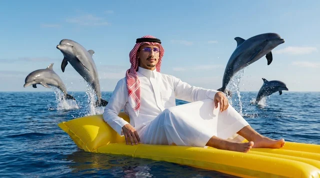 Saudi Man in Thobe on Inflatable Mattress with Dolphins
