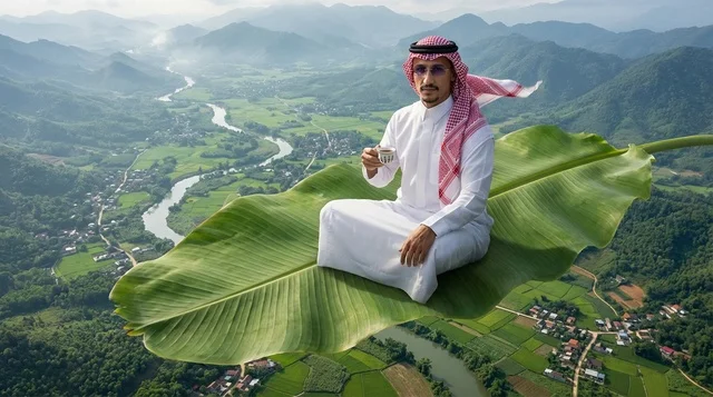 Saudi Man on Floating Banana Leaf Over Mountain Valley