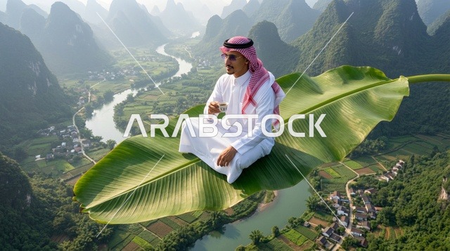 Saudi Man Sitting on Floating Leaf Over Mountain Valley