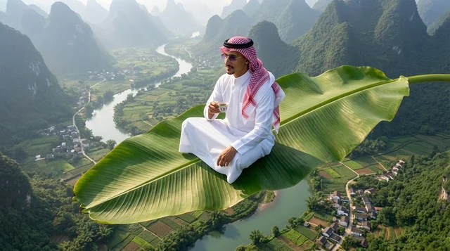 Saudi Man Sitting on Floating Leaf Over Mountain Valley