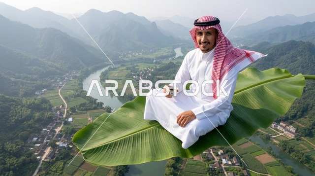رجل سعودي على ورقة شجر فوق وادي جبلي