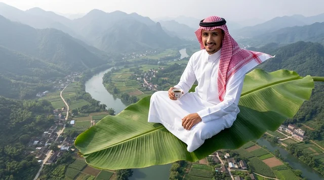 Saudi Man on Giant Leaf Over Mountain Valley