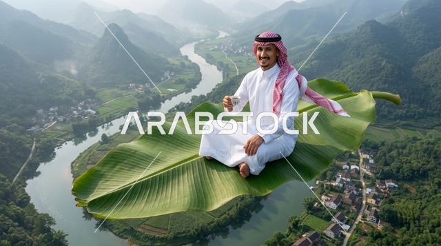 رجل سعودي على ورقة طائرة فوق وادي جبلي