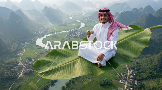 رجل سعودي على ورقة طائرة فوق وادي استوائي