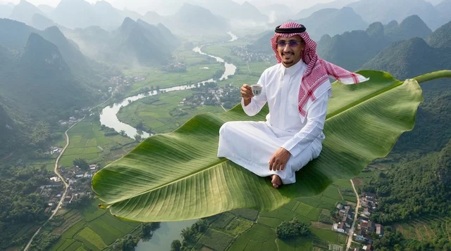 Saudi Man on Floating Leaf Above Tropical Valley