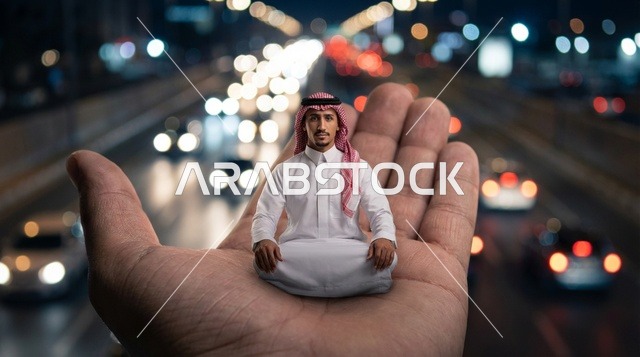 رجل سعودي يجلس على يد عملاقة في مدينة ليلاً