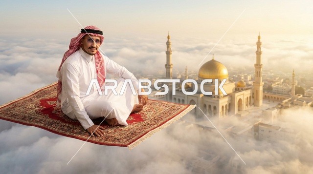 رجل سعودي على بساط طائر سحري فوق مسجد ذهبي