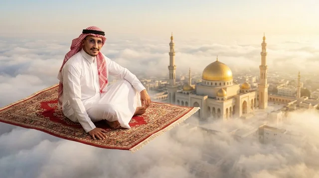 رجل سعودي على بساط طائر سحري فوق مسجد ذهبي