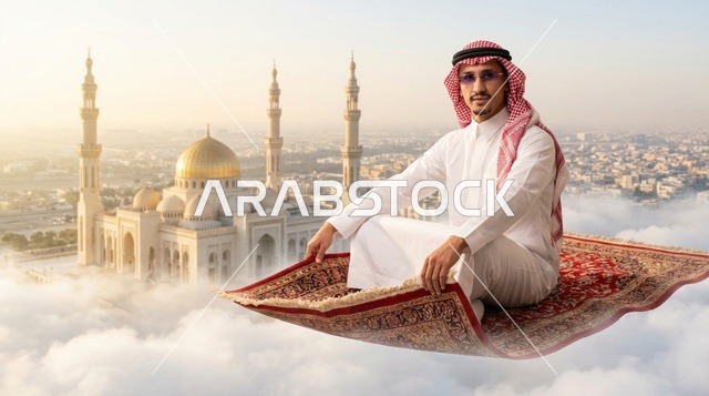 رجل سعودي على سجادة طائرة فوق المسجد وقت الشروق