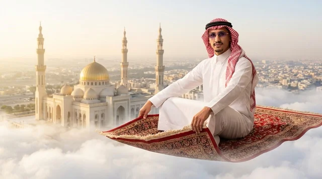 رجل سعودي على سجادة طائرة فوق المسجد وقت الشروق