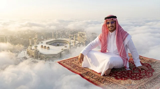 رجل سعودي على بساط طائر فوق المسجد الحرام بمكة