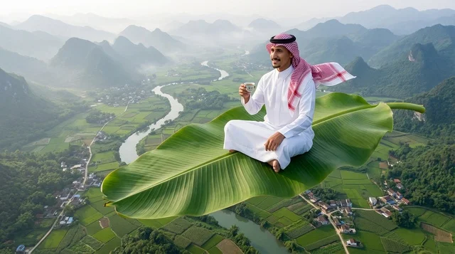 رجل سعودي على ورقة طائرة فوق وادي جبلي