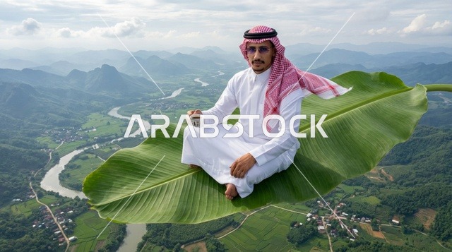 رجل سعودي على ورقة شجر طائرة فوق وادٍ جبلي