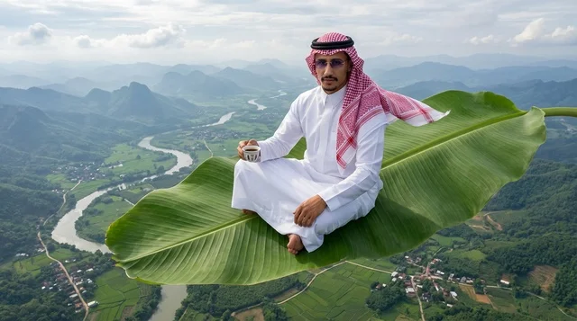 رجل سعودي على ورقة شجر طائرة فوق وادٍ جبلي