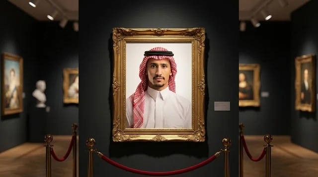 Saudi Man Portrait in Gold Frame at Art Gallery