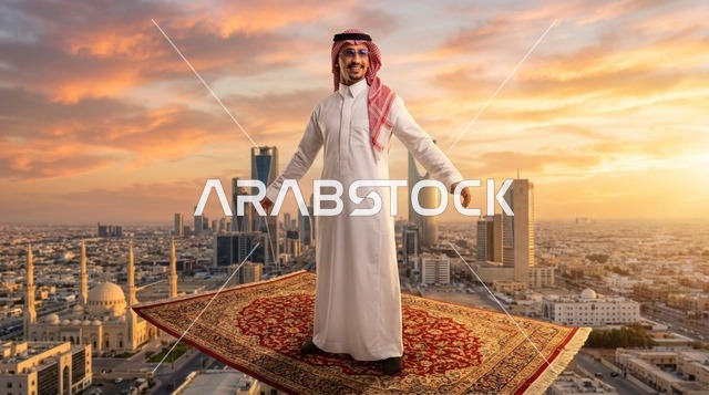 رجل سعودي على بساط الريح فوق أفق مدينة الرياض