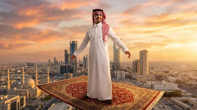 Saudi Man on Flying Carpet over Riyadh Skyline Sunset