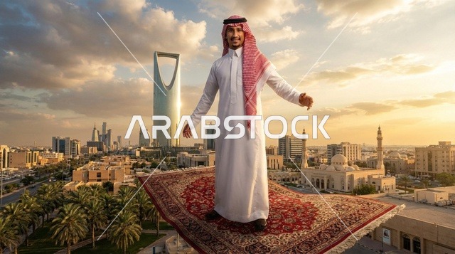 رجل سعودي على سجادة طائرة في أفق الرياض