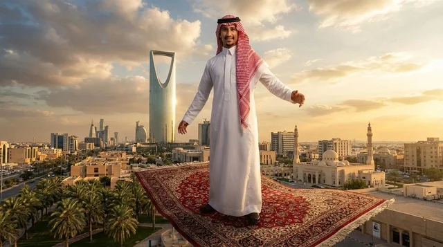Saudi Man on Flying Carpet Riyadh City Sunset
