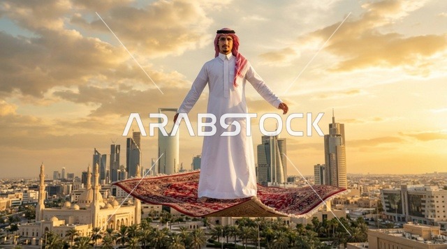 Saudi Man on Magic Carpet over Riyadh Skyline Sunset