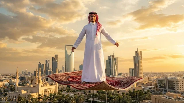 Saudi Man on Magic Carpet over Riyadh Skyline Sunset