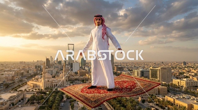 رجل سعودي على بساط الريح فوق أفق الرياض وقت الغروب