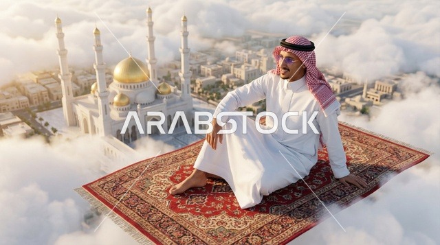 رجل سعودي على بساط الريح فوق المسجد والسحب