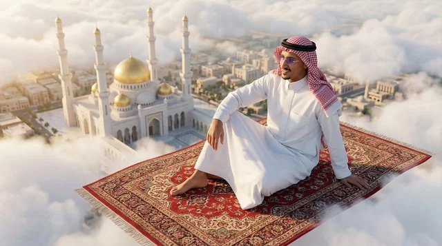 Saudi Man on Flying Carpet Over Mosque and Clouds