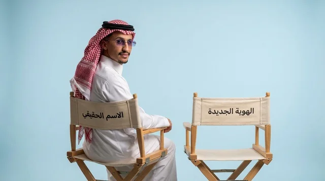 Saudi Man in Traditional Dress on Director Chair