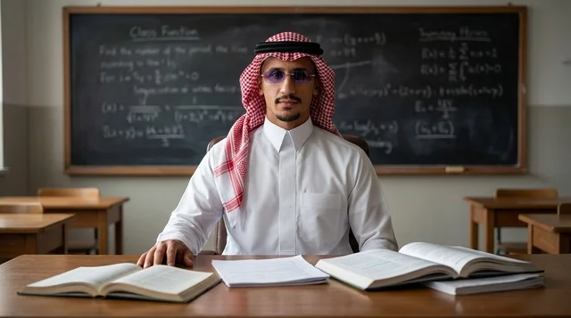 أستاذ سعودي بالزي التقليدي داخل فصل دراسي للرياضيات