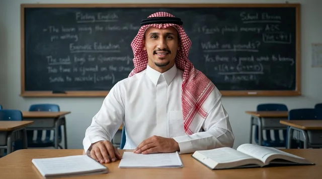 رجل سعودي بالزي التقليدي داخل فصل دراسي مدرسي