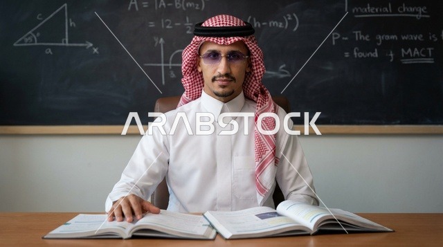 رجل سعودي في فصل دراسي أمام سبورة تحتوي على معادلات